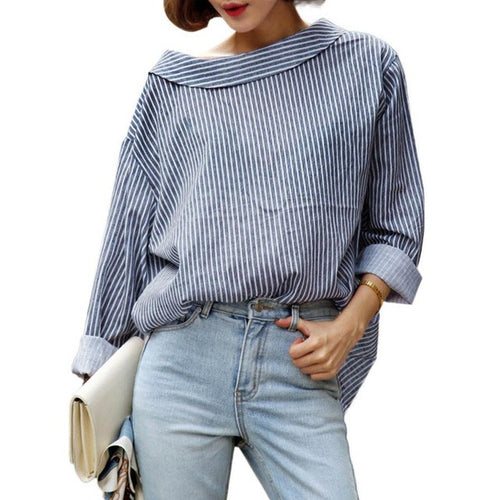 1PC Fall  Fashion Women Blouses Blue Striped Long Sleeved Shirts Women Tops   Ladies Blouses GS