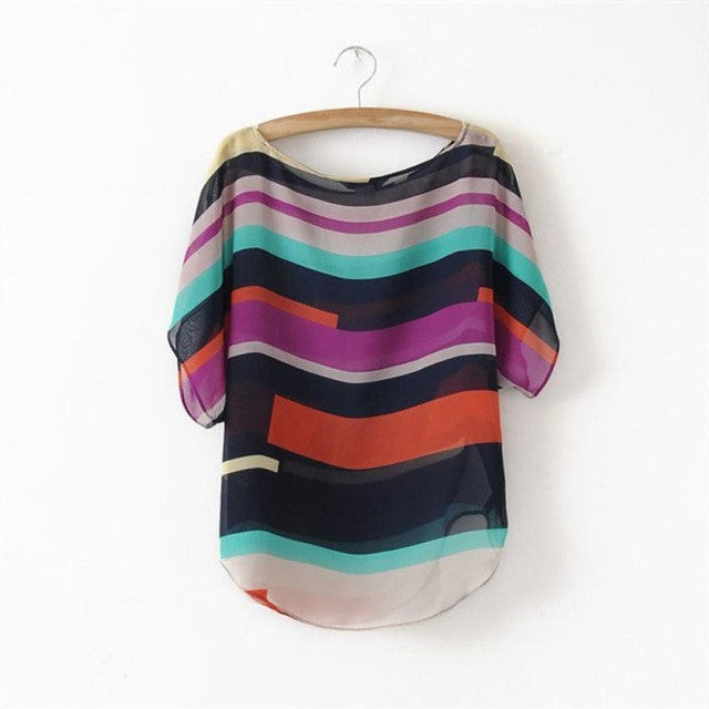 1PC Sexy Women Chiffon Shirts  Print Short Sleeve O Neck Casual Loose Tops Blouses Women blusas feminina verao  #82 GS