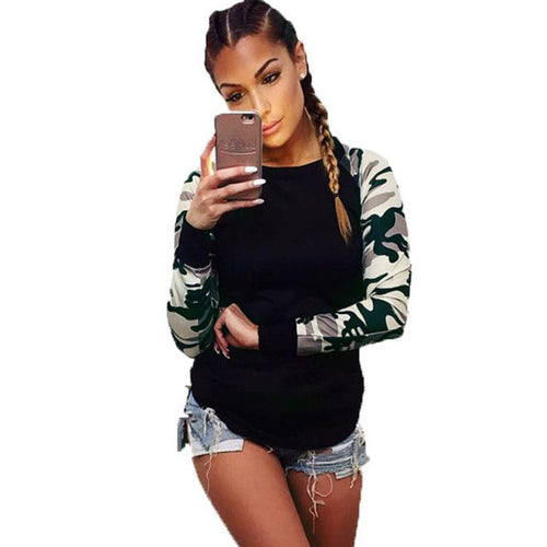2 Colors T Shirt Women Camouflage Patchwork T-shirt Long Sleeve Round Neck Fashion Causal Tops For Women Girls poleras de mujer GS
