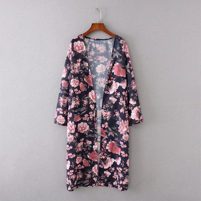 201  Kimono Cardigan Women Floral Print Loose Long Blouses Shirts Lady Chiffon Beach Sunscreen Blusas Women Clothing #53 GS
