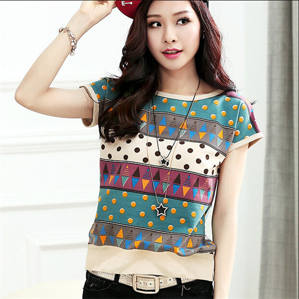 New Summer T Shirt Loose Plus Size S-4XL Women Retro Printed Short-sleeved T-shirt Women Batwing Sleeve Top 31068 GS