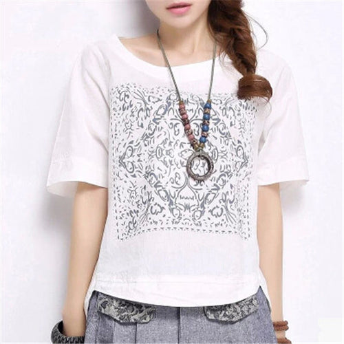 Summer Fashion T Shirt New Printing Loose Plus Size S-2XL Short Sleeve Linen Cotton T-shirt Women Casual Top 31070 GS
