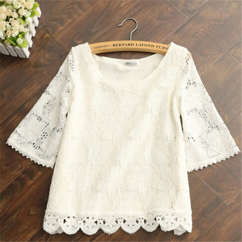 Summer Female Sweet Lace Blouse Half Sleeve White Shorts Loose O-neck Chiffon Shirt Women Casual Flare Sleeve Tops 31124 GS