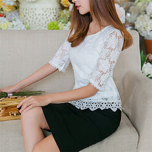 Summer Female Sweet Lace Blouse Half Sleeve White Shorts Loose O-neck Chiffon Shirt Women Casual Flare Sleeve Tops 31124 GS