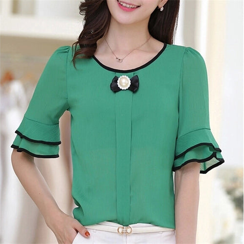 Summer New Large Size Women Shirt Loose O-neck Half Sleeve Chiffon Blouse Top Female Temperament Flare Sleeve Tops 31123 GS