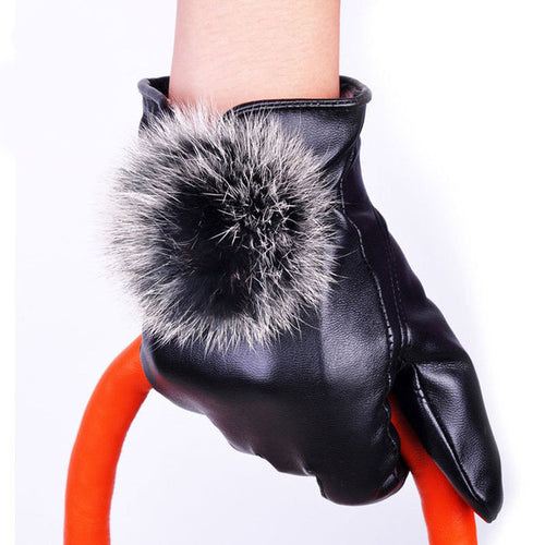 Trustworthy Warm   Gloves Women Lady Black Leather Gloves Rabbit Fur Mittens Guantes Luva  GS