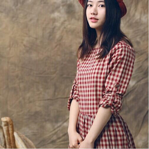 Vintage Spring Women Plaid Vestidos Mori Girl Style Long Sleeve Mid-Calf Cotton Linen Dresses 70008 GS