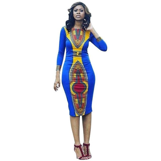 Dress Women Long Sleeve Boho African Print Ladies Dresses Bohemian Bodycon Casual Kaftan Mid Dress Robe Femme GS