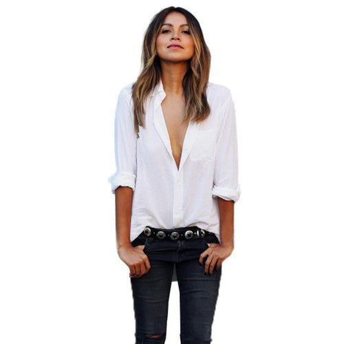 Fashion Women Cotton Sexy Blouse Long Sleeve Womens Shirts Loose V Neck Plus Size Pocket Shirts Tops Women Clothes GS