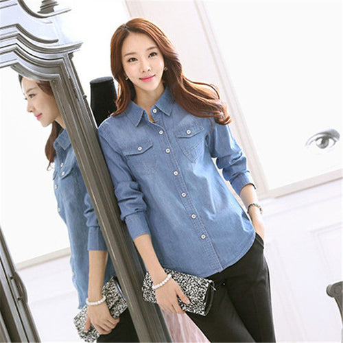Autumn New Shirt Fashion Casual Female Long Sleeve Turn-down Collar Women Shirt Denim Blouse With Button 71709 GS