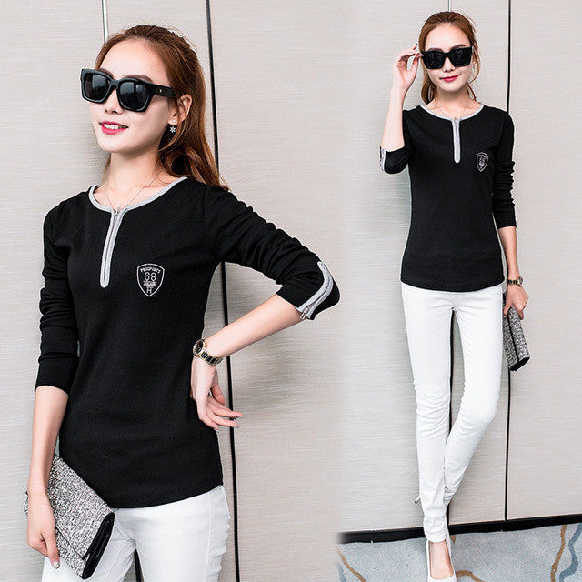 Autumn New Women Long Sleeve Casual Blouse Fashion O-neck Print Shirt Tops Female Slim Shirts With Zipper 71638 GS