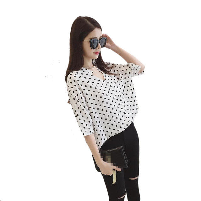Brand New Fashion Blusas Femininas 3/4 Sleeve Stand Hot  Pocket Tops With Button Shirt Polka Dot Stripped Blouse 71044 GS