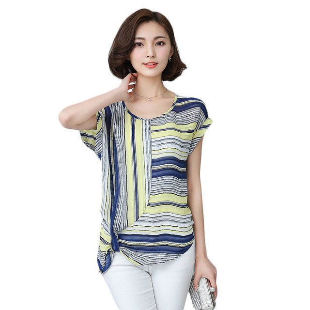 Brand New Women T shirts Stripped T-shirt Women O-neck Top Short Sleeve Chiffon S-2XL Female tops 71097 GS