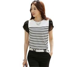 Casual Women T shirts O-neck Chiffon Tshirt Female Short Sleeve Female O-neck Stripped Patchwork Tops 70779 GS