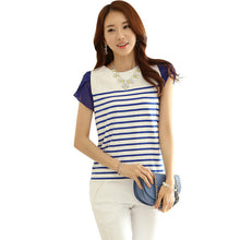 Casual Women T shirts O-neck Chiffon Tshirt Female Short Sleeve Female O-neck Stripped Patchwork Tops 70779 GS