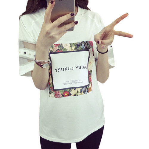 Fashion Mesh Women clothing T shirts Letter Printed Floral Print T-shirt Women LaceTop Short Sleeve Female tops 70608 GS