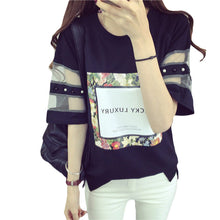 Fashion Mesh Women clothing T shirts Letter Printed Floral Print T-shirt Women LaceTop Short Sleeve Female tops 70608 GS