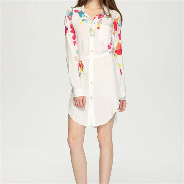 Fashion New Summer Print Long Sleeve Blouse Women Plus Size Tops Casual Turn-down Collar Shirt S-L With Button 71598 GS