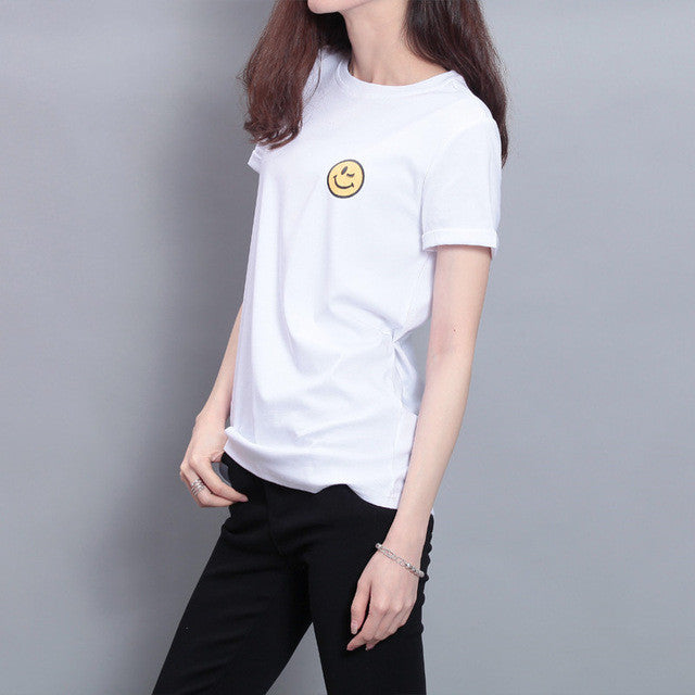 Fashion Short Sleeve T-shirts Plus Size Female t shirts Plus Size Top O-neck Women Smile Face Print T shirt 71673 GS