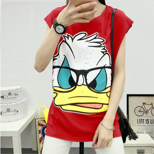 Fashion Sleeveless T-shirts Plus Size Female T shirts Carton Duck Print Top O-neck Women t shirt 71571 GS