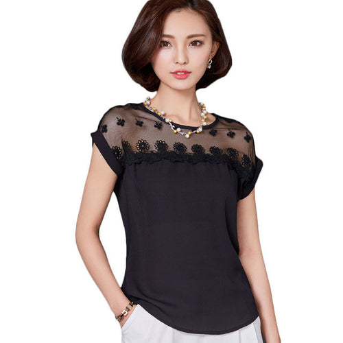 Fashion Style Short Sleeve T-shirts Plus Size M-3XL Female T shirts Lace Top O-neck Women t shirt 71128 GS