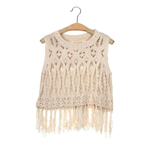 Fashion  Crop Top Women Beach Loose Kinitted Hollow Out Tassel Shirts Women Sleeveless Women Tops Cropped Feminino GS