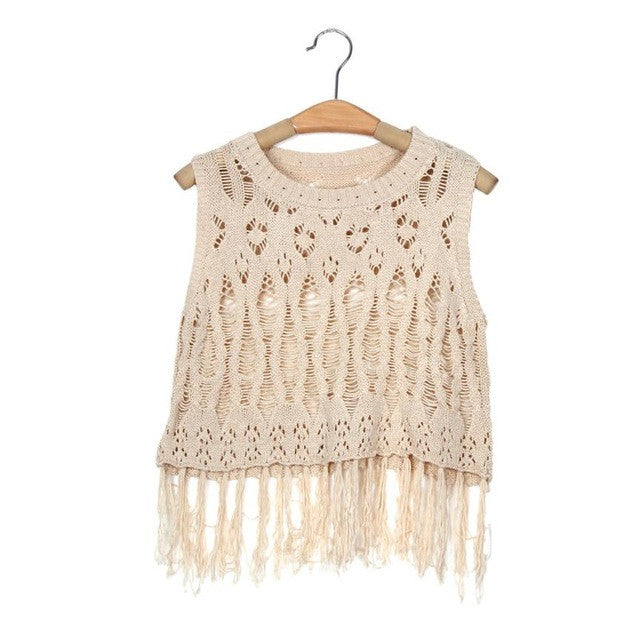 Fashion  Crop Top Women Beach Loose Kinitted Hollow Out Tassel Shirts Women Sleeveless Women Tops Cropped Feminino GS