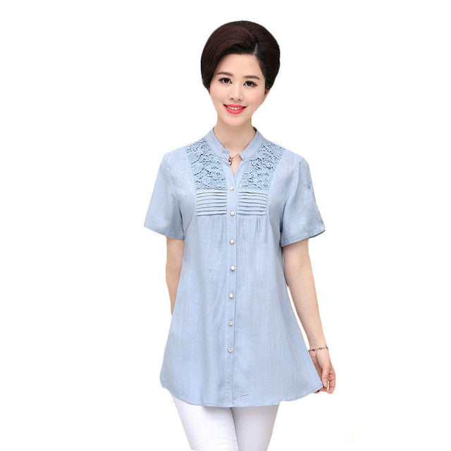 Fashion Women T shirts Long T-shirt Women Stand Button Top Short Sleeve Lace XL-4XL Female Plus Size tops 71012 GS