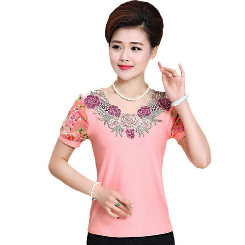 Fashion Women T shirts Print T-shirt Women O-neck AppliquesTop Short Sleeve XL-4XL Female Plus Size tops 71010 GS
