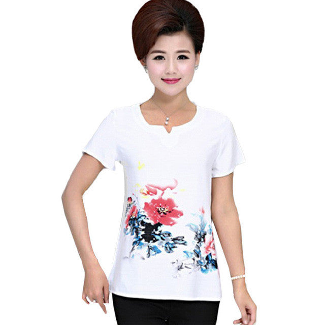 Fashion Women T shirts Print T-shirt Women V-neck Top Short Sleeve XL-4XL Female Plus Size tops 70921 GS