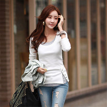 Fashion t shirt Women Tops and Tees Button Femme Full Sleeve False Two Casual Camisetas Mujer Plus Size 71637 GS