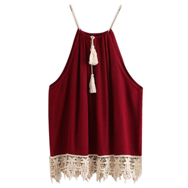 Hot Sale Sexy Lace Women Tops Red Sleeveless Casual Style American Apparel T Shirt Women T-shirt Camisetas Mujer GS
