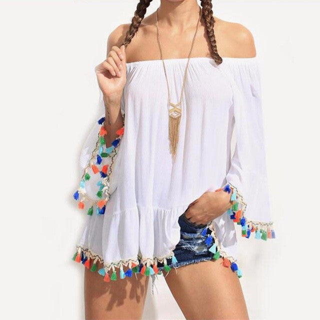 Hot Sale Women Casual Tops Off Shoulder Tassel Loose Ladies Boat Neck Strapless White T Shirt Femme Women Clothes Camisetas GS