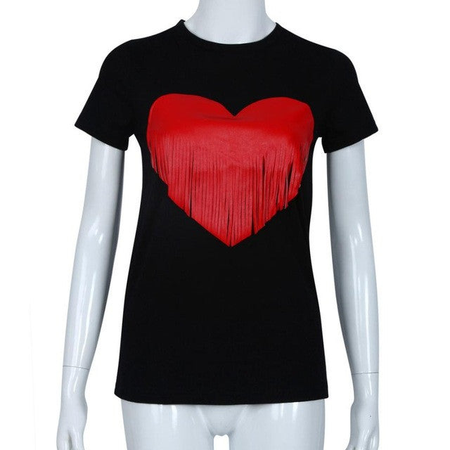 Hot Selling T Shirt Women Heart Tassel Black Short Sleeve T-shirt Tops Women Clothes Camisetas Mujer Tee Shirt Femme GS