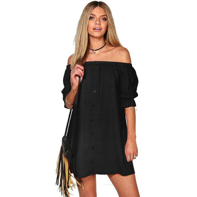 Hot Sexy Women Brief Dress Off Shoulder Button Butterfly Sleeve Loose Mini Dress Beach   Dresses Female GS