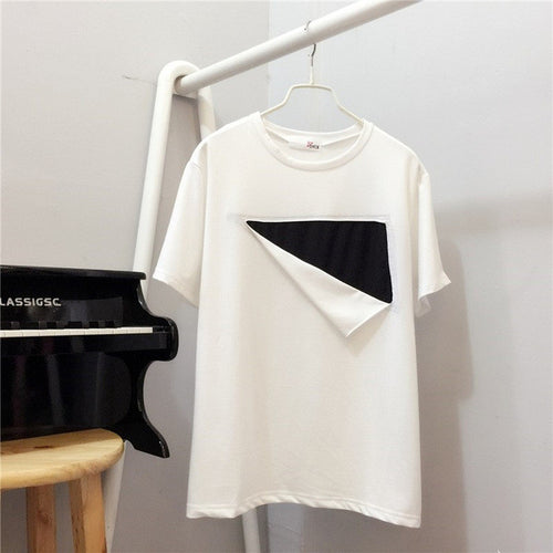 Korean Style Short Sleeve T-shirt Loose Women T Shirt Summer New O-neck Personality White/Black Hit Color Tops 71185 GS