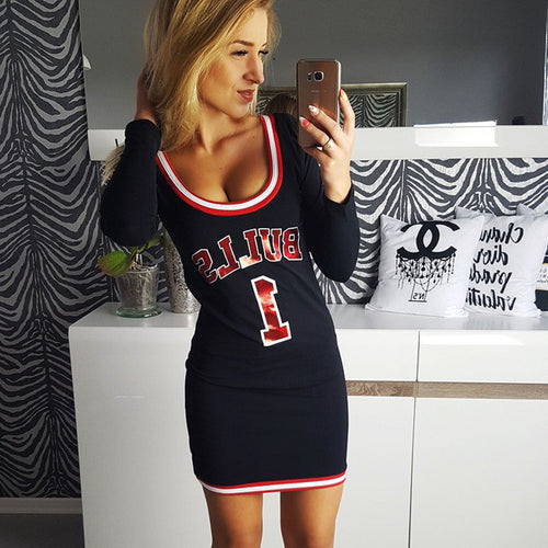 New Arrival Summer Women Bodycon Dress Number Letter Print O-Neck Full Sleeve Above Knee Vestidos Plus Size 71826 GS