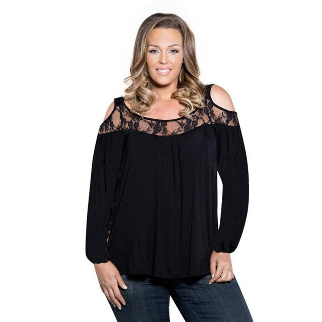 New Big Size T Shirts For Women Long Sleeved Drop Shoulder Lace Splice Plus Size Women Clothes XL-5XL Tee Shirts Female GS