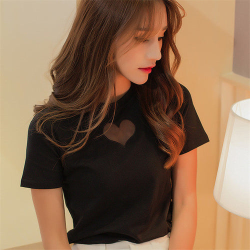 New Brand Women T shirts Heart Hollow out t-shirt Women Top Short Sleeve Female Plus Size 71990 GS