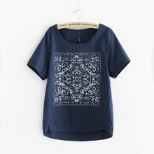 New Casual Women European Style O-neck T shirts Female Short Sleeve Cotton Linen Tshirt Plus Size Print Top 70735 GS
