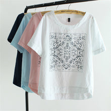 New Casual Women European Style O-neck T shirts Female Short Sleeve Cotton Linen Tshirt Plus Size Print Top 70735 GS
