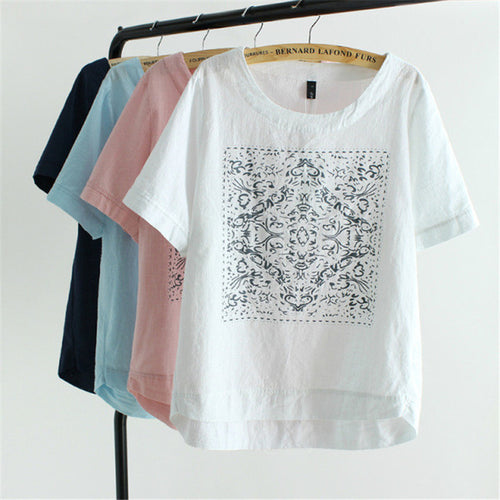 New Casual Women European Style O-neck T shirts Female Short Sleeve Cotton Linen Tshirt Plus Size Print Top 70735 GS