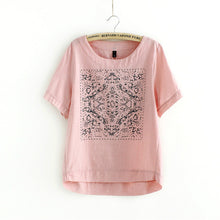 New Casual Women European Style O-neck T shirts Female Short Sleeve Cotton Linen Tshirt Plus Size Print Top 70735 GS