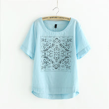 New Casual Women European Style O-neck T shirts Female Short Sleeve Cotton Linen Tshirt Plus Size Print Top 70735 GS