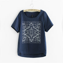 New Casual Women European Style O-neck T shirts Female Short Sleeve Cotton Linen Tshirt Plus Size Print Top 70735 GS