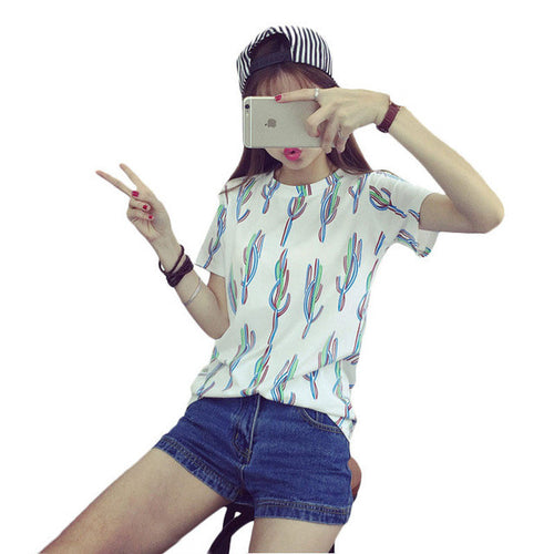 New Casual Women European Style O-neck T shirts Female Short Sleeve Cotton Tshirt Plus Size Print Top 70736 GS