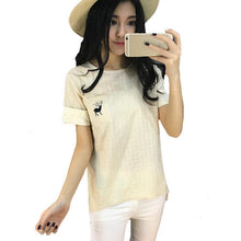 New Casual Women Korean Style O-neck Embroidery T shirts Female Short Sleeve Cotton Linen Tshirt Plus Size Plaid Top 70741 GS
