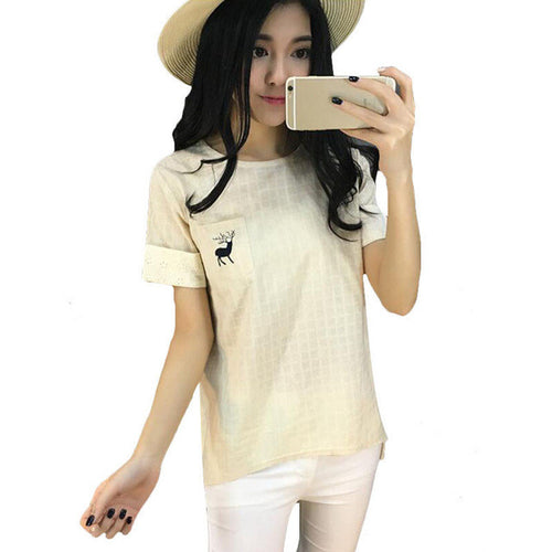 New Casual Women Korean Style O-neck Embroidery T shirts Female Short Sleeve Cotton Linen Tshirt Plus Size Plaid Top 70741 GS