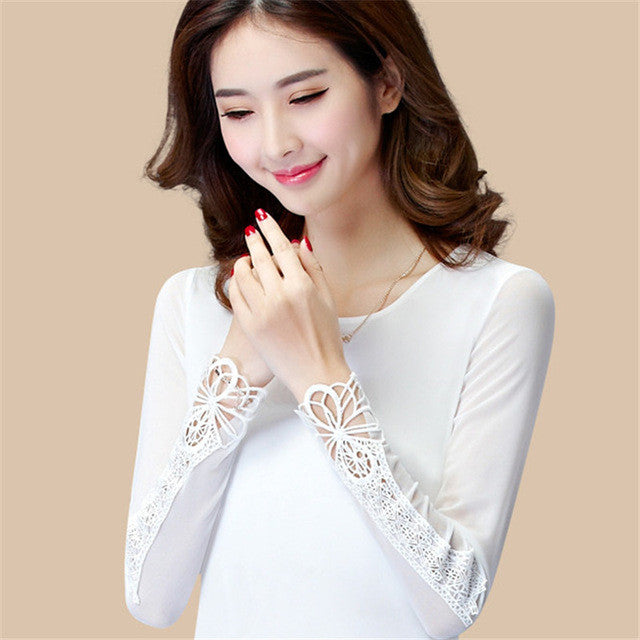 New Fashion Autumn Hot  Shirt Women Blouse O-neck Full Tee Shirt Chiffon Lace Casual Blouses Plus Size Blusas 71516 GS