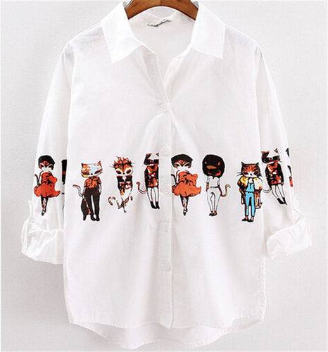 New Fashion Cartoon Print Shirts Women Button Half Sleeve Turn-down Collar Blouse Female Loose Casual Shirt Tops 31822 GS